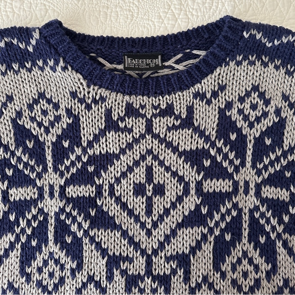 Vintage Fauchon Fair Isle Snowflake Sweater Ski Navy Gray Medium - Picture 7 of 9